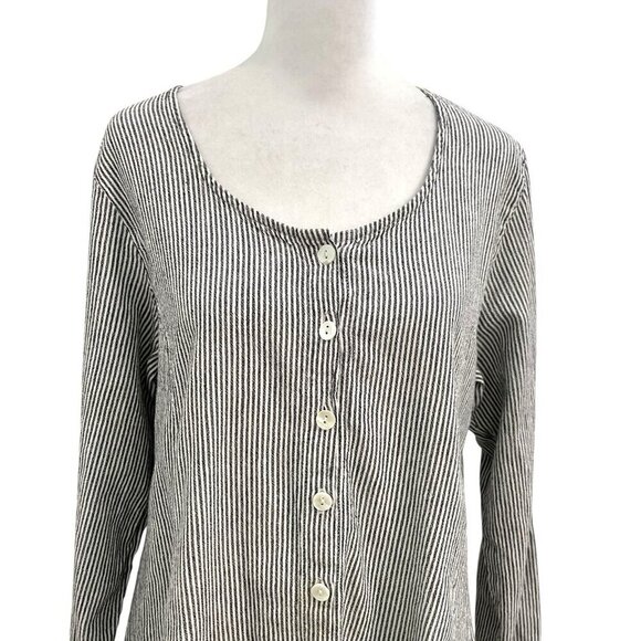 TULIP Stripe Seersucker Tunic Top Blouse Pocket Long Sleeve Lagenlook size Large - Picture 2 of 9
